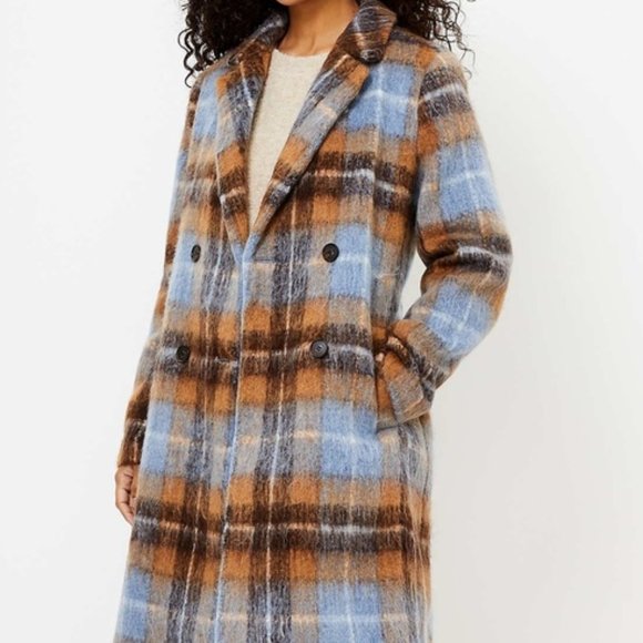 NWT- S -Ann Taylor Loft Plaid Double Breasted Coat - Blue Multi - $200 - Picture 1 of 9